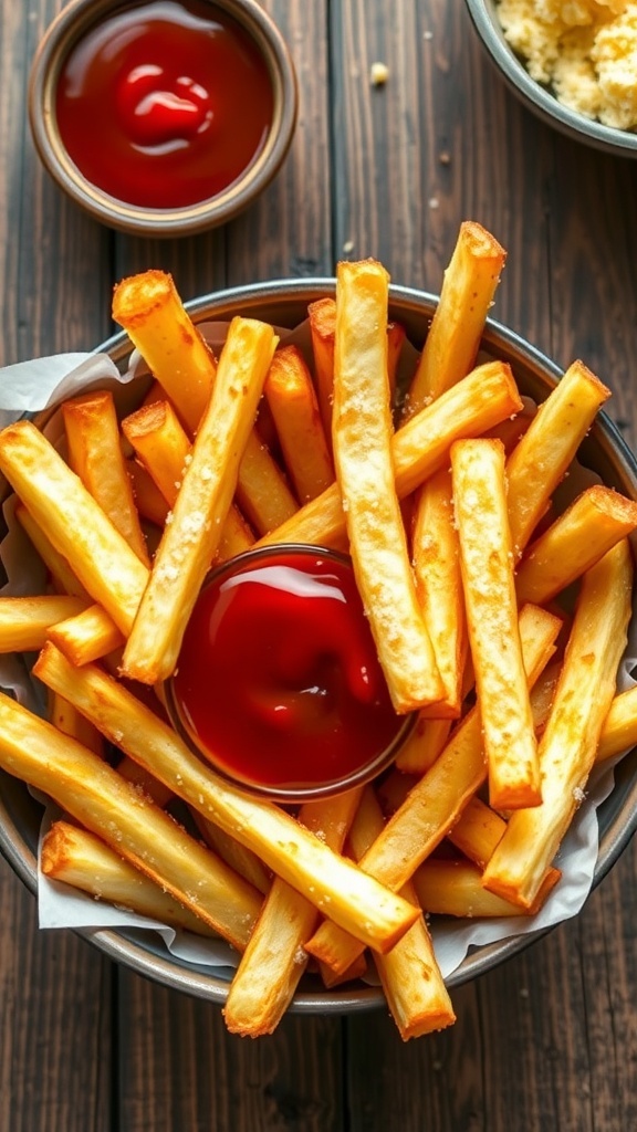 Crispy Air Fryer Frozen Fries Recipe Crispy golden air fryer fries served with ketchup on a rustic wooden table.